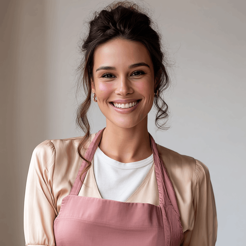Camila Ramirez smiling in a pink apron