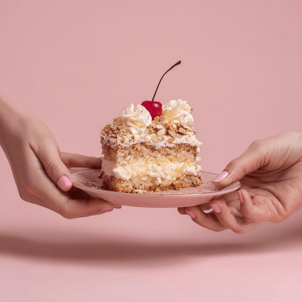 Slice of cake served on a pink plate